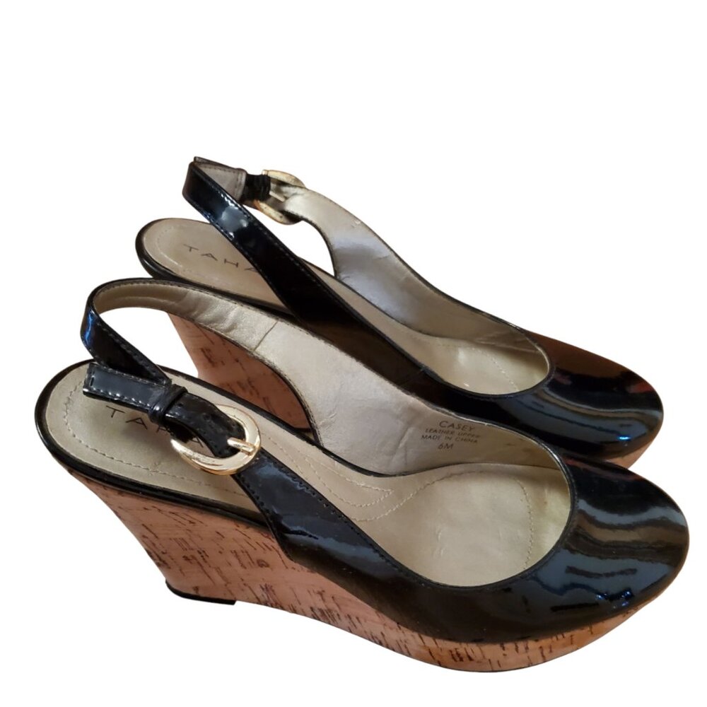 Tahari Black Round Toe Shoes With Wedge Heels